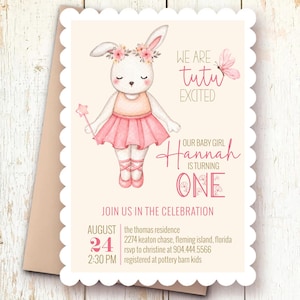 Ballerina Einladung zum ersten Geburtstag - Tutu Cute Bunny Party einladen - Bearbeitbarer digitaler Download - Rosa Ballett-Thema - Corjl-Vorlage