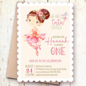 Ballerina Einladung zum ersten Geburtstag - Tutu Cute Girl Party einladen - Bearbeitbarer digitaler Download - Rosa Ballett-Thema - Corjl-Vorlage