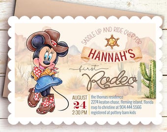 May include: A custom invitation for Hannah's first rodeo. The design features a cartoon mouse in a cowgirl outfit, set against a desert landscape. The invitation includes the event details: date, time, and location.