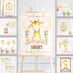 Baby Shower Party Decor BUNDLE • Zwillinge Babyparty Einladung • Giraffe Babyparty für Mädchen oder Jungen • Bearbeitbare Corjl-Vorlage Einladungscreme