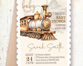 Vintage Train Baby Shower Invitation • Editable Corjl Template • Baby on Board Train Theme Shower • Instant Download Invite