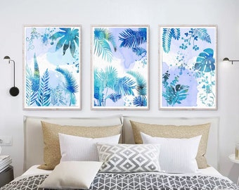 Blue prints wall art, beach house décor, vibrant blue décor for home, set of 3 colorful prints, canvas tropical leaves, three prints set