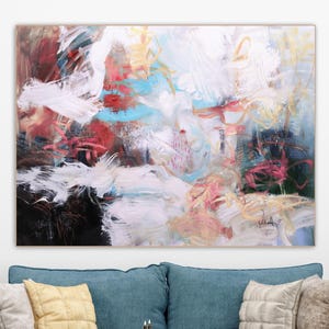 Abstract colorful painting print, Vibrant blue and pink multicolor art, Vivid colors wall art , Extra large abstract painting horizontal art