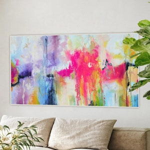 Abstract print on canvas, pink large vibrant painting, extra large modern wall art, magenta orange painting print, modern living room wall