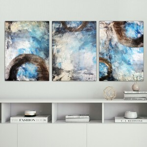 Set of 3 Abstract blue Wall Art, three blue Art Prints, neutral muted colors Posters, large wall art Minimalist home décor, prints on canvas