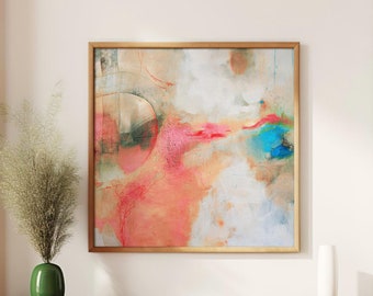 Vibrant painting wall art for living room, large abstract prints for frame, bright pink and orange canvas wall art, soft pink and blue art