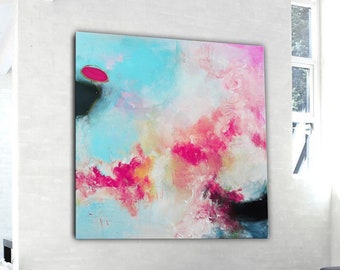 Abstract print with Pink and blue, large giclée print, square ready to hang art, colorful modern contemporary art, living room décor office