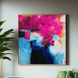 Pink fuchsia abstract print, Pink teal white Giclee, square ready to hang art, colorful modern contemporary art, living room decor office