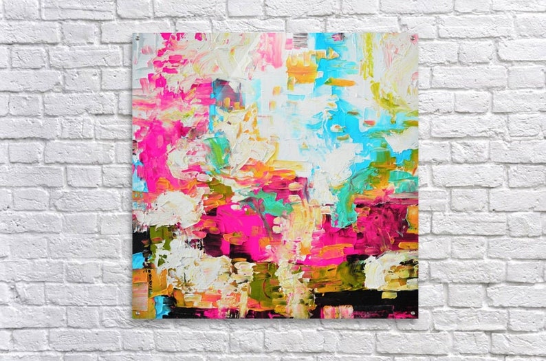 May include: A square abstract painting featuring thick, textured impasto brushstrokes in vibrant shades of hot pink, bright turquoise, sunny yellow, and white, contrasted against deep black accents layered across the canvas surface.