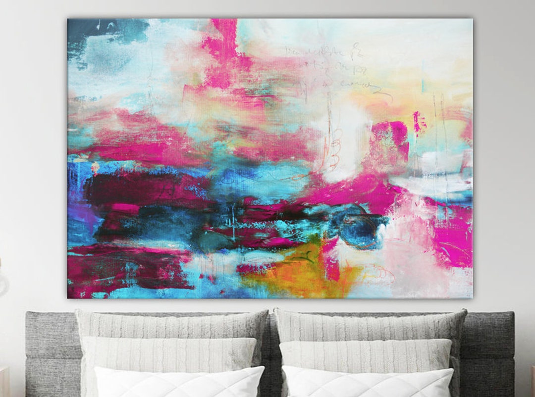 Pink & Teal Abstract Canvas Art Print: Modern Giclée Wall Decor - Etsy