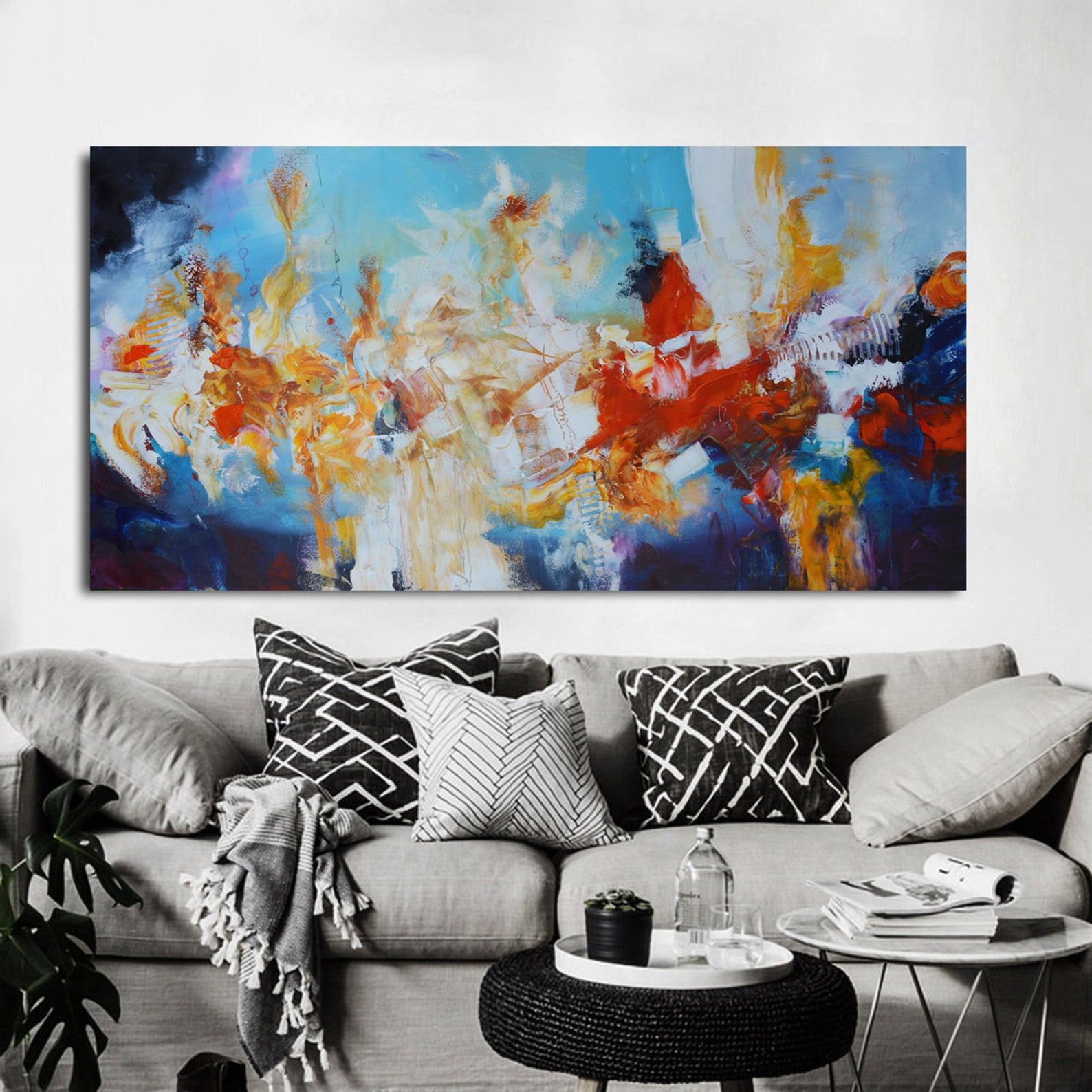 Bold Canvas Red Blue Abstract Painting Print Ready to Hang Etsy