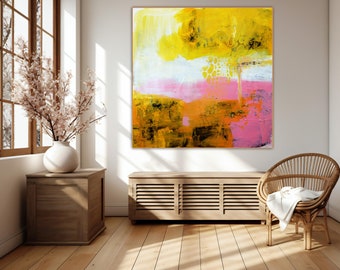 Orange pink abstract painting colorful Print, Coral pink large bedroom art pastel pink canvas, extra large abstract wall art gift for home