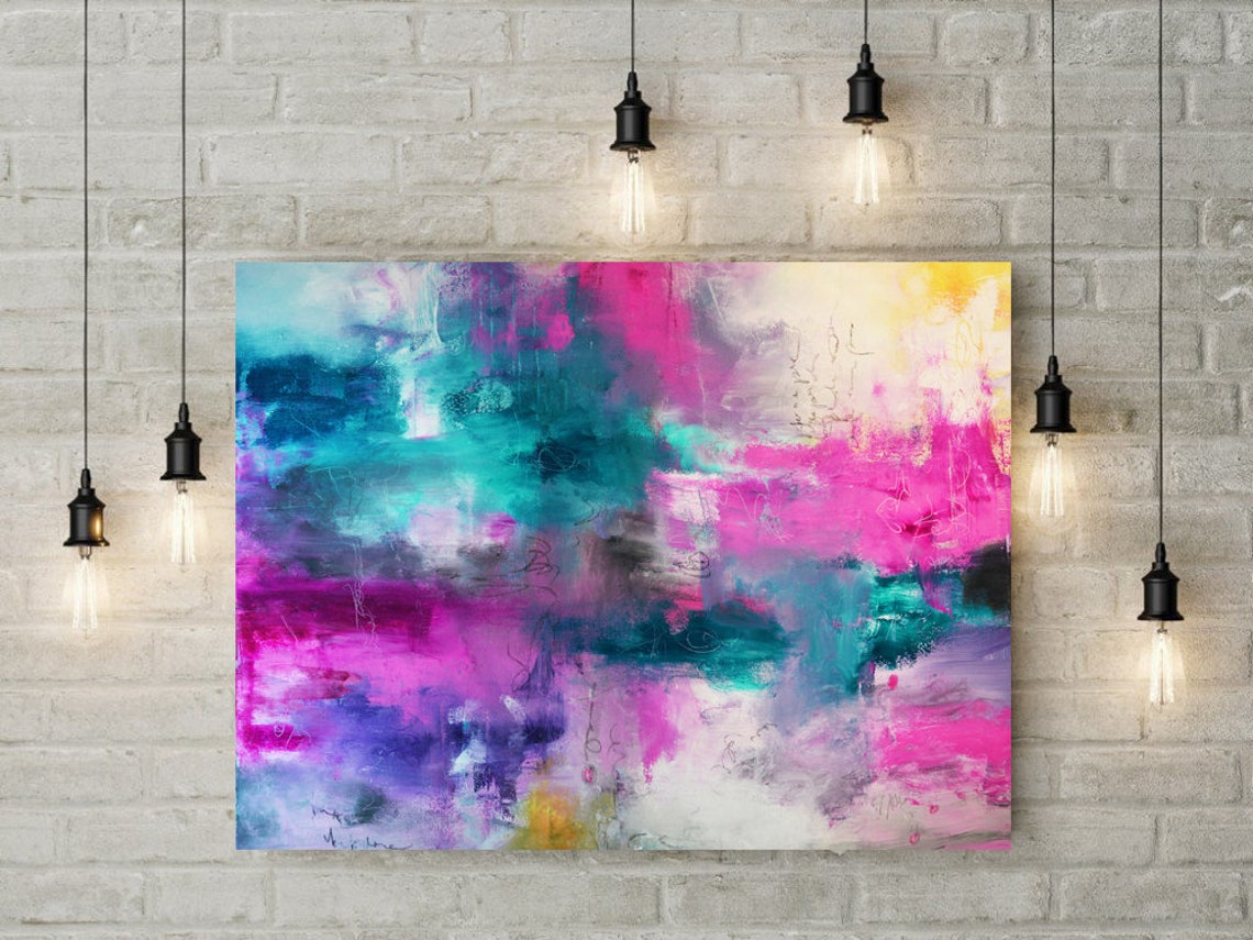 Abstract Pink Blue teal Print from original painting Large Etsy