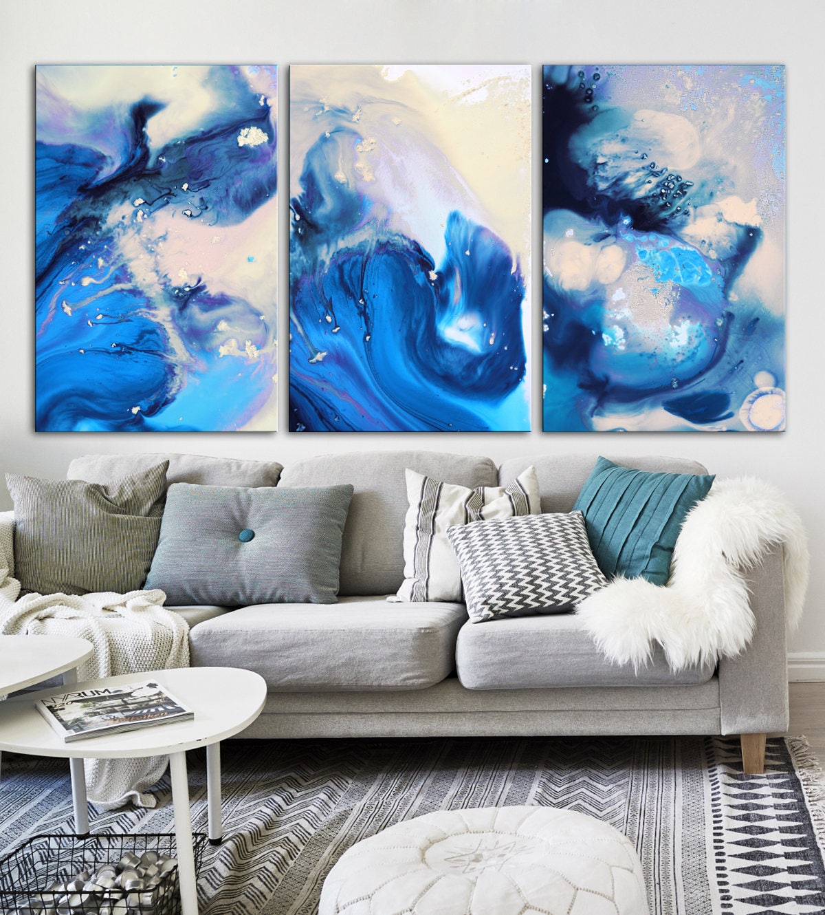 Blue Abstract Triptych Modern Giclée Canvas Print