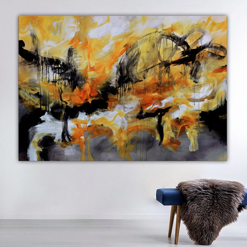 Large abstract art orange Print of painting orange gold gray Etsy