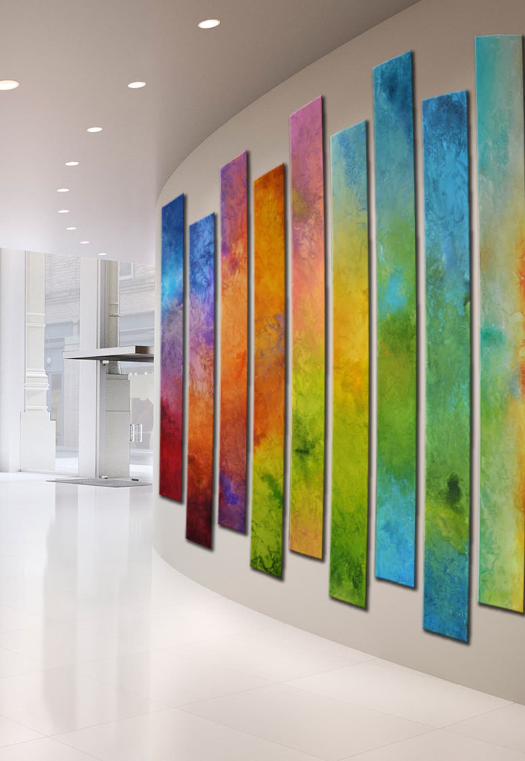 Curved Wall Decor, Foyer Lobby Art, Rainbow Colorful Art for Curved