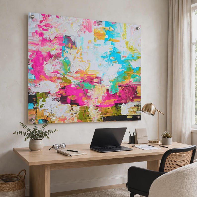 May include: A large rectangular wall art piece featuring an abstract composition with thick, textured paint strokes in vibrant shades of hot pink, bright turquoise, sunny yellow, and white, mounted with four silver-toned metal standoffs.