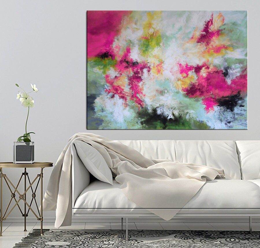 Pink grey wall art fuchsia gray large painting lime pink Etsy