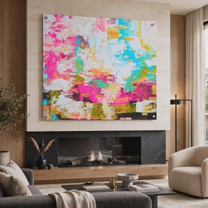 May include: A large square abstract painting featuring thick, textured brushstrokes in vibrant shades of hot pink, bright turquoise, sunny yellow, and white. The artwork is mounted on a wall with four silver metal standoffs at the corners.