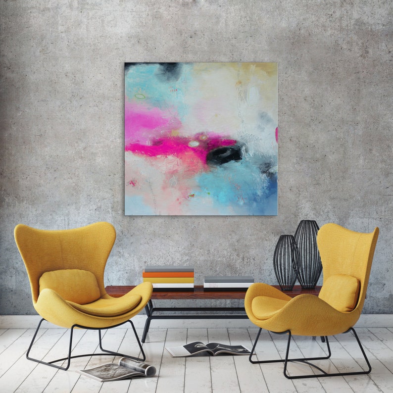 Square Pink teal art abstract Painting pink Giglee print Etsy
