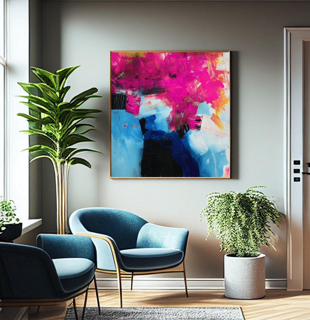 Fuscha Abstract Pink fuchsia abstract print, Pink teal white Giclee, square ready to ...