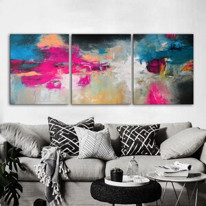 Large Abstract Triptych: Pink & Blue Giclee Canvas Print