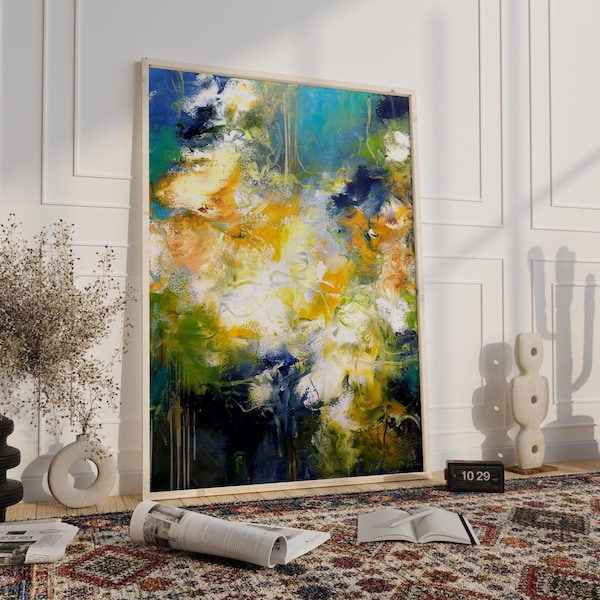 Large abstract painting colorful canvas, Large Print Blue Teal painting, Canvas painting large art print gift for home, teal and navy blue