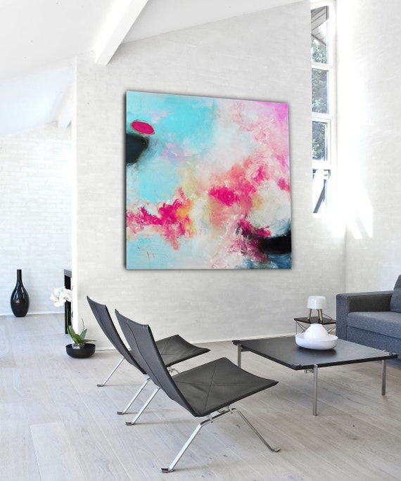 Abstract print with Pink and blue, large giclée print, square ready to hang art, colorful modern contemporary art, living room décor office