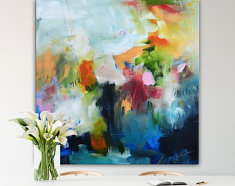 Wall art prints, orange pink blue, abstract floral pink art, pink blue green print, colorful wall art, large painting print, bright colors