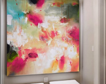 Fuchsia Teal Abstract Canvas Print: Large Square Giclee Wall Art