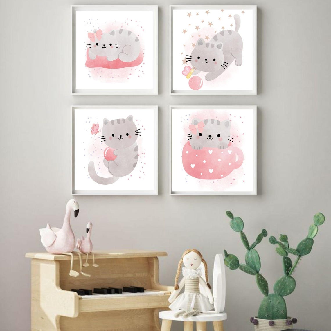 Set of 4 Cat Print, Cat Wall Art, Printable Cat Art for Nursery, Grey ...