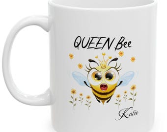 Personalized Queen Bee Mug Custom Name Coffee Tea Cup with Bee Design Birthday Office Party Gift Bee Lovers Mug 11oz & 15oz Ceramic Mug
