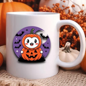 Baby Ghost Pumpkin Halloween Coffee Mug Spooky Trick or Treat Autumn Fall Decor Cute Halloween Kitchen Cup, Hot Chocolate Gift