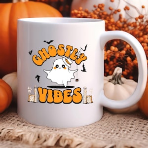 Ghostly Vibes Halloween Coffee Mug Cute Ghost Spooky Fall Autumn Cup Trick or Treat Gift Ceramic Mug for Coffee Tea Chocolate Lovers