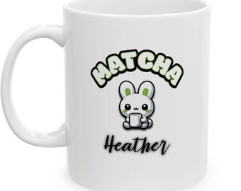 Tasse à thé et à café personnalisée blanc avec nom lapin matcha avec logo lapin Cadeau d'anniversaire pour amoureux du matcha Tasse en céramique de 11 oz et 15 oz