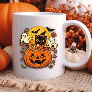 Trick or Treat Halloween Coffee Mug, Pumpkin Ghost Witch Cat Fall Cup Autumn Kitchen Decor Ceramic Mug for Coffee Tea Chocolate Lovers