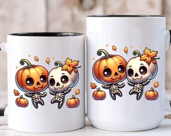 Juego de tazas de esqueleto de calabaza, linda taza de café de pareja de Halloween, taza de fantasma y calavera de otoño, regalo espeluznante de otoño para él o ella, decoración de cocina