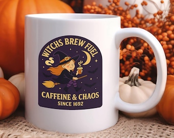 Witch Halloween Mug Cute Witch Coffee Cup with Broom & Moon Witches Brew Fuel Funny Caffeine Lover Fall Autumn Spooky Mug Halloween Gift