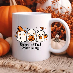 Boo-tiful Morning Ghost Mug | Cute Halloween Coffee Cup with Ghosts, Pumpkin & Witch Hat | Autumn Fall Gift for Her or Friend