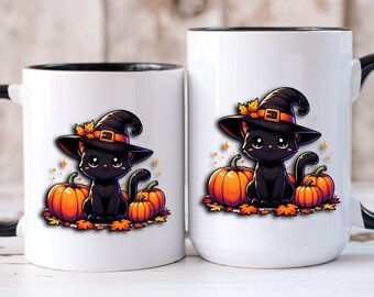 Witch Cat Halloween Mug Cute Black Cat Coffee Cup with Pumpkins Fall Aesthetic Spooky Gift Cozy Autumn Mug 11oz 15oz Ceramic Kitchen Decor