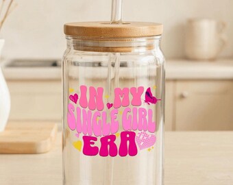 Personalized In My Single Girl Era Glass Cup – Iced Coffee Cup for Women, Reusable Aesthetic Glass Tumbler with Lid and Straw, Gift for Her