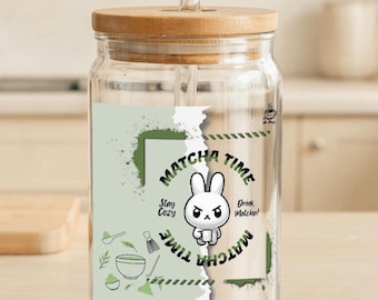 Matcha Glass Cup with Lid & Straw – Cute Bunny Iced Tea Tumbler