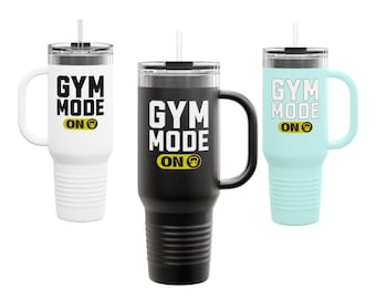 Tumbler da viaggio Gym Mode On da 40 once con manico e cannuccia, bottiglia d'acqua isolata per gli amanti della palestra, motivazione per l'allenamento, regalo fitness per atleti