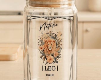 Copo de vidro personalizado com nome e aniversário, reutilizável, com tampa e canudo, presente para amantes da astrologia, signo de Leão