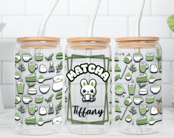 Custom Matcha Bunny-glazen beker – gepersonaliseerde beker met bamboedeksel en rietje