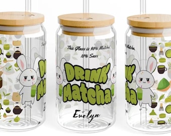 Vaso de vidrio Matcha personalizado, bonito regalo para los amantes del matcha, vaso de viaje reutilizable con tapa y pajita, vaso de matcha, decoración de cocina