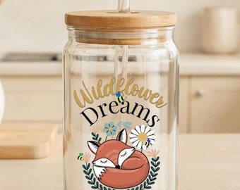 Personalized Wildflower Glass Tumbler with Bamboo Lid & Straw, Iced Coffee Cup, Custom Floral Gift for Her, Nature Aesthetic Drinkware