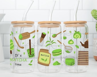 Matcha Glass Tumbler Mug Sipper Glass 16oz  Green Tea Lover Gift  Matcha Accessories, Tea Tumbler, Eco-Friendly Mug Birthday Gift with Straw