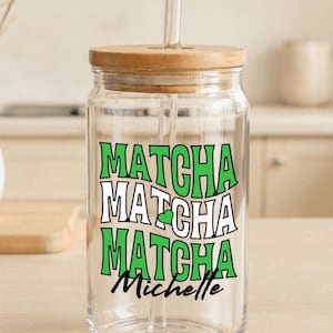 Personalized Matcha Glass Sipper Tumbler, Cute Green Tea Cup with Lid and Straw - Custom Tea Lover Gift, Eco-Friendly Reusable Drinkware,