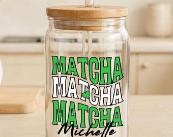 Personalized Matcha Glass Sipper Tumbler, Cute Green Tea Cup with Lid and Straw - Custom Tea Lover Gift, Eco-Friendly Reusable Drinkware,